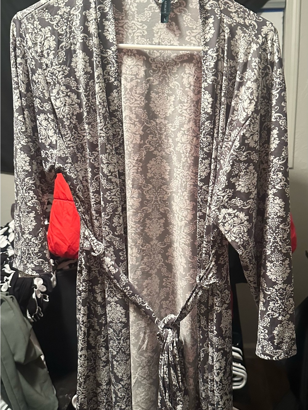 Women's Grey Floral Satin Robe with Belt